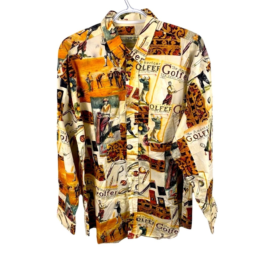 NWT Vintage Golf Print Button-Up Shirt Natural Issue Men's L Cotton Graphic